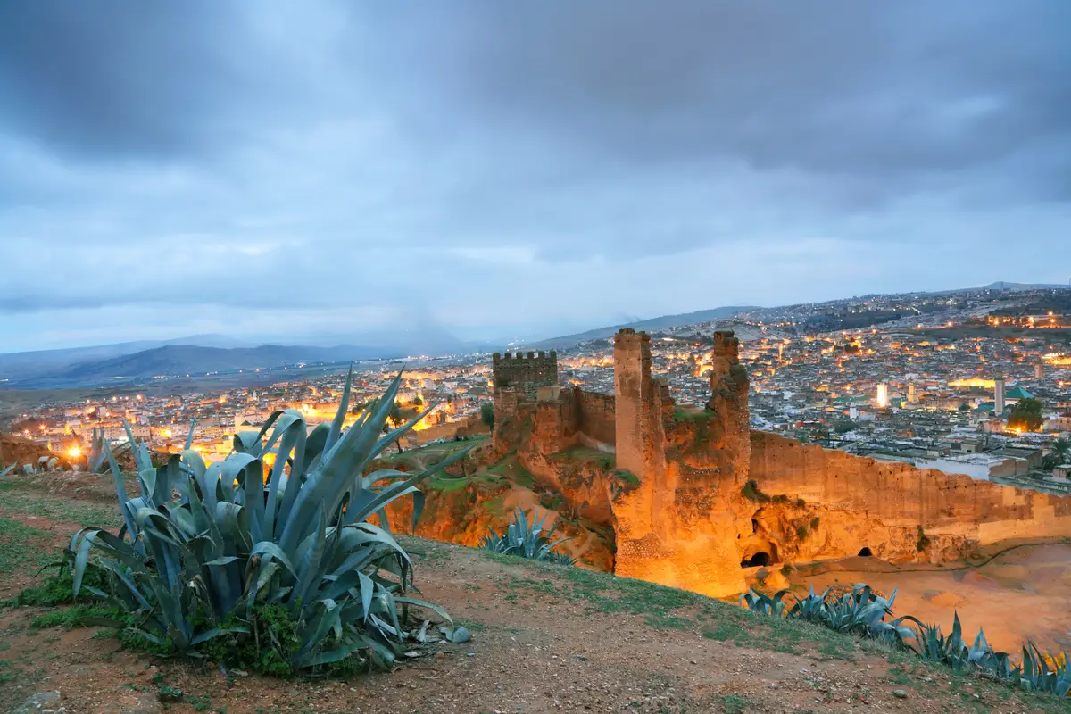 A view from a hilltop at dusk showing historic ruins in the foreground and the sprawling, illuminated city landscape of Fes in the distance.